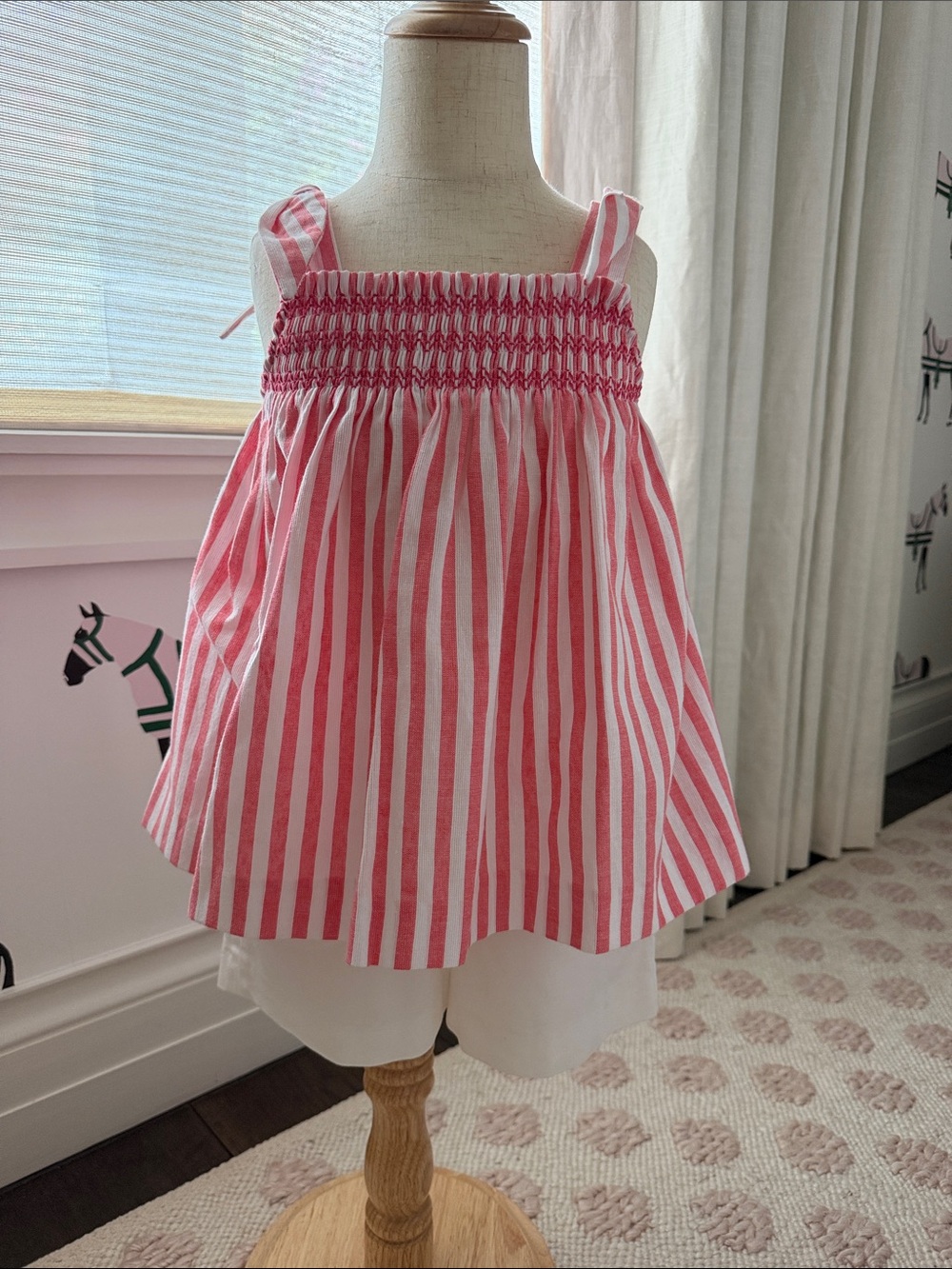 Girls Red Stripe Smocked Tank Top & White Shorts Set